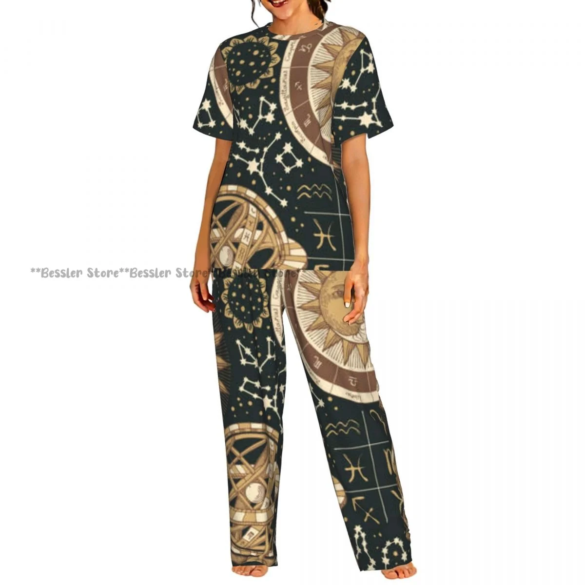 Women's Comfort Pajamas Women's Vintage Sun Moon Stars Short Sleeve Set Sleepwear