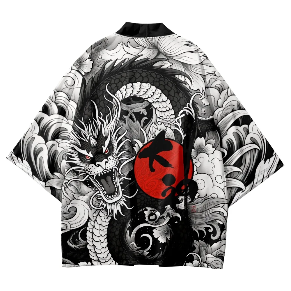 

Traditional Japanese Women's Kimono Cardigan Dragon & Floral Pattern Open Front Cover-Up Lightweight Loose Spring Blouse
