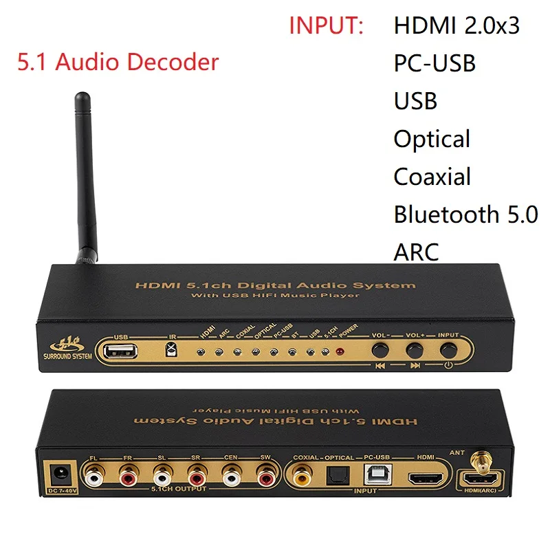 

5.1CH аудио декодер Bluetooth 5,0 4K60Hz HDMI-совместимый 2,0 ARC конвертер PC-USB DAC DTS AC3 5,1 цифровой аудио для усилителя