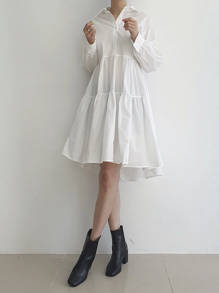 REALEFT, otoño, elegante, manga acampanada, camisas acampanadas para mujer, vestidos con botones y cuello vuelto, vestido informal holgado con paraguas para mujer