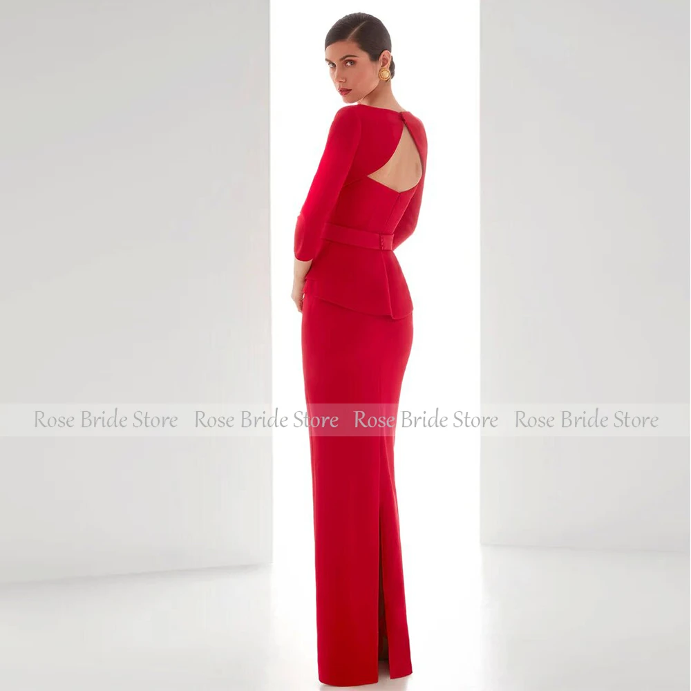 Classic Elegant Party Dresses Woman Red Jersey Ruffles Straight Boat Neck Floor Length Dresses Bespoke Occasion Gown