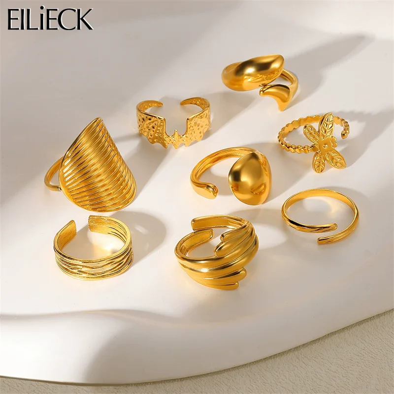 EILIECK 316L Stainless Steel Geometric Open Rings Golden Minimalist Ring Fashion Waterproof Unusual Trendy Textured Jewelry