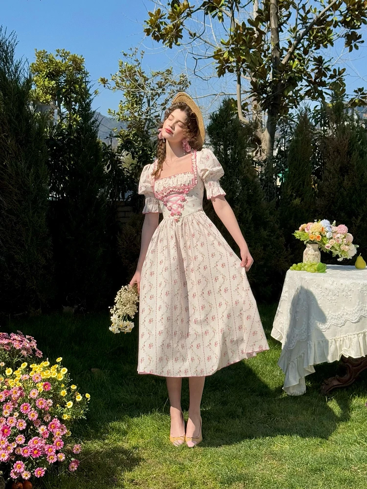 TIYIHAILEY Primavera Estate Donna Abito Manica corta Lungo a metà polpaccio Donna Colletto quadrato XS-XL Vintage Vita alta Stampato 2026 Nuovo