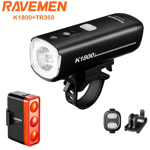 RAVEMEN 자전거 라이트 세트 K1800+TR350 LED 헤드 후면 USB 충전식 자전거 헤드라이트 미등 주간/야간 가시 자동 켜짐 꺼짐
