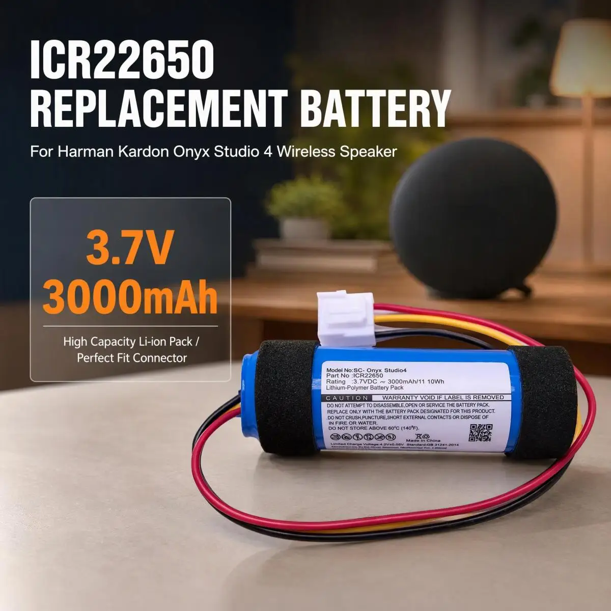 ICR22650 3.7V 3000mAh Li-ion Replacement Battery Pack for Harman Kardon Onyx Studio 4 Bluetooth Wireless Speaker