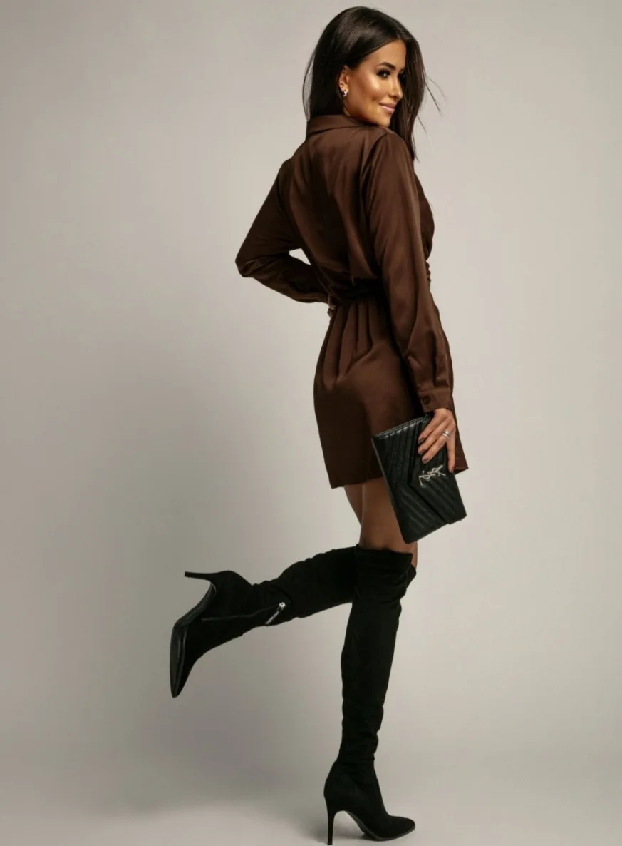 Women's Autumn New Satin Dress With Pleated Versatile Dress 2026 Spring Solid Color Turn Down Collar Mini Dress Vestidos De Muje