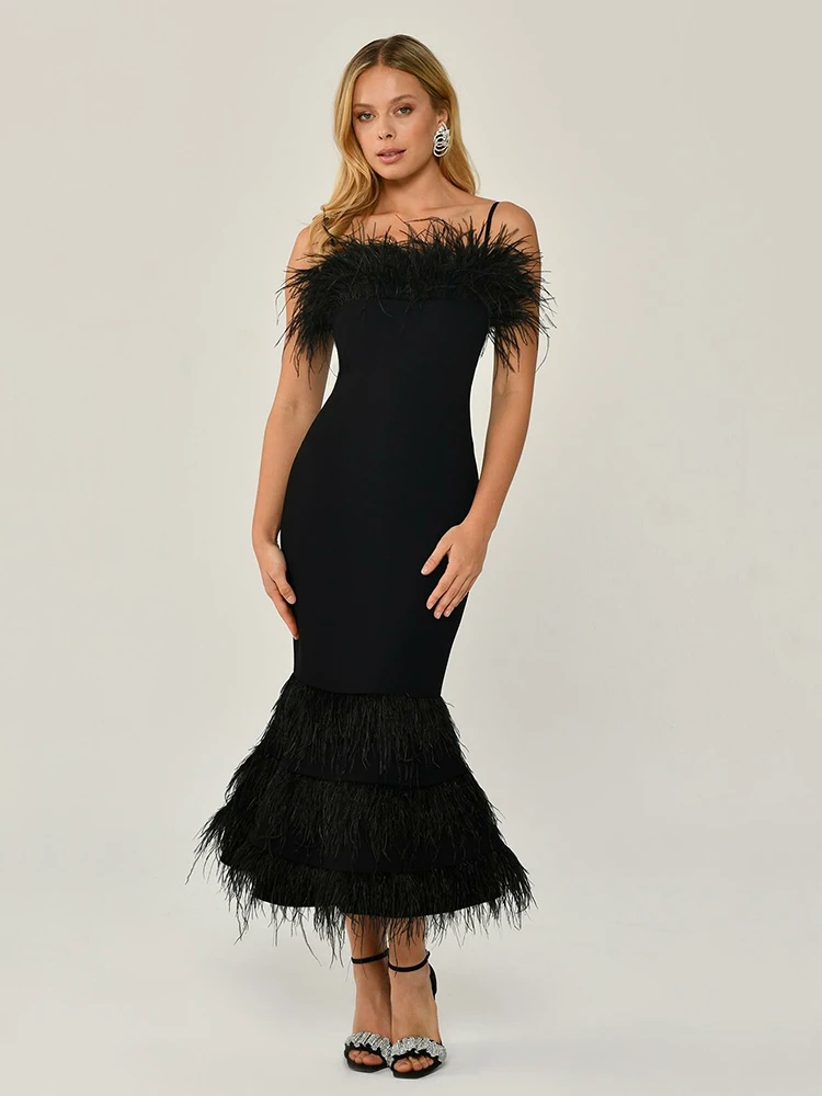 

2023 Summer Women's Sexy Sleeveless Strapless Feather Mermaid Midi Bandage Dress Black Elegant Celebrity Party Dress