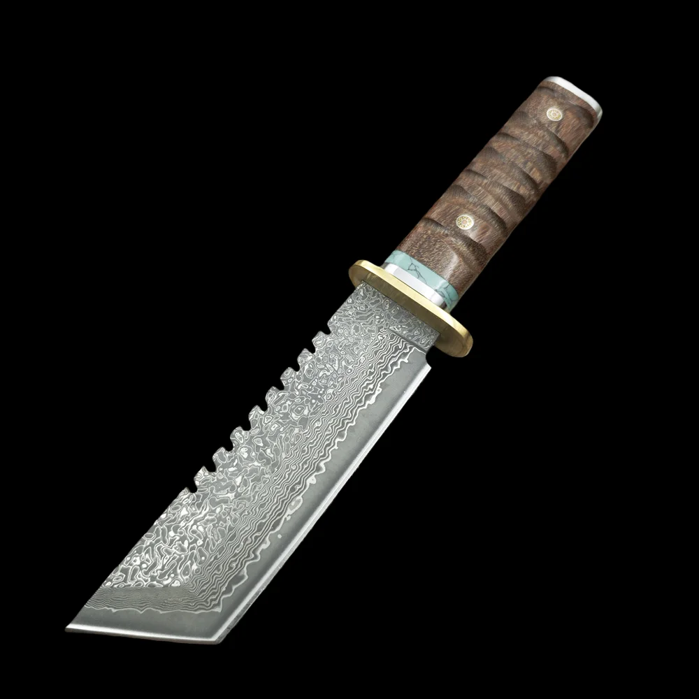 النمط الياباني تانتو دمشق بليد خشب الورد مقابض سكين الصيد ، التخييم EDC أدوات يدوية الدفاع عن النفس في الهواء الطلق بقاء السكاكين