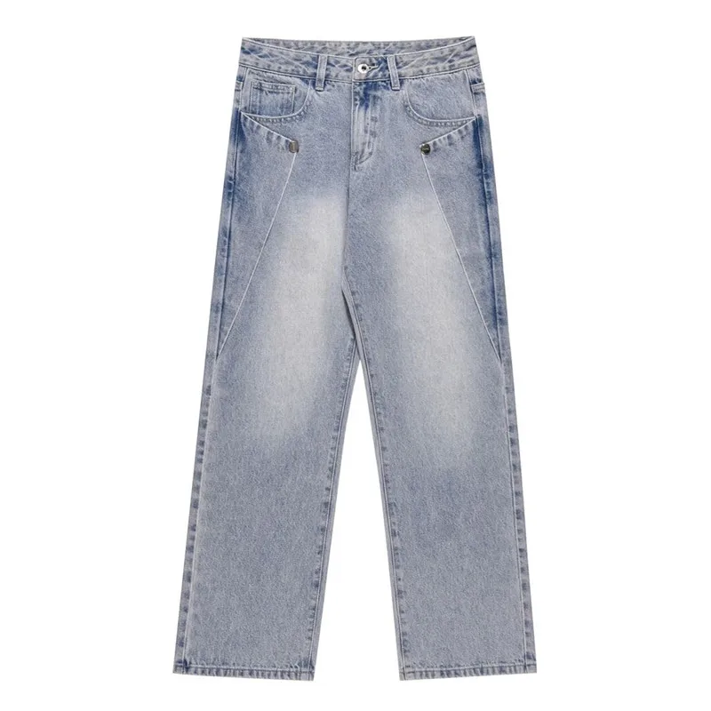 Light Blue Jeans Men Y2K Solid Color Straight Pants with Button Pockets Loose Simple Trousers A149