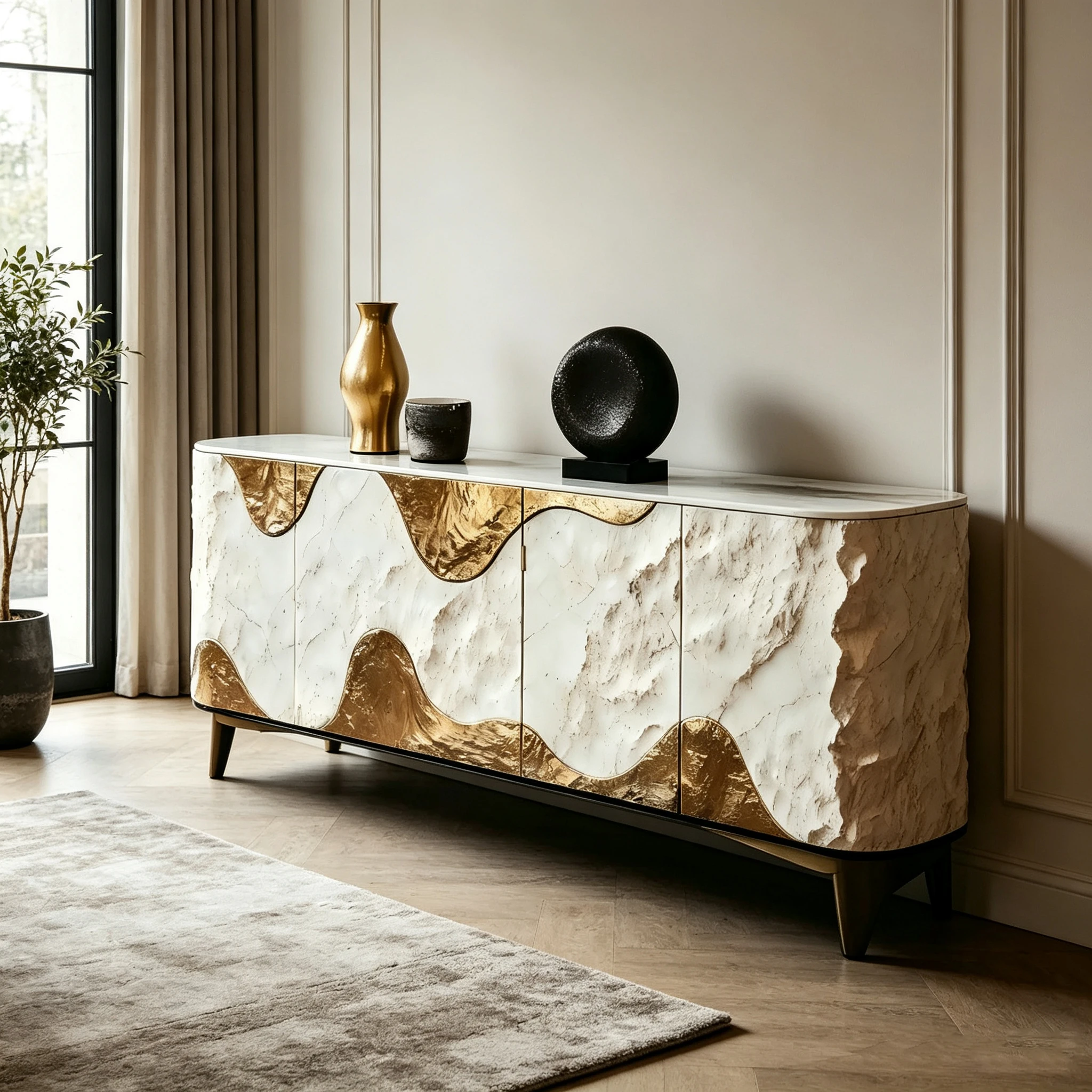 M*-4 Door Textured Fiberglass Storage Cabinet Irregular Mountain Gold Wave Embedded Marble Flat  Metal Support Legs