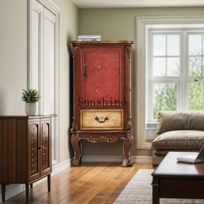 

American-style home medieval hand-painted sofa side cabinet Solid wood sofa side cabinet