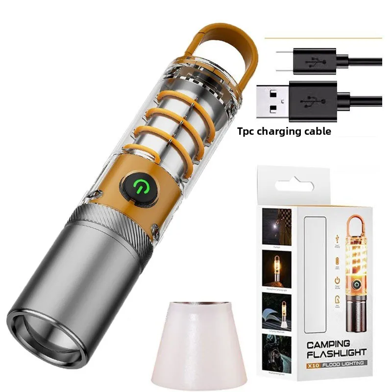 Flashlight Multifunctional Dual Light Source with Hook Rechargeable Lighting Zoom Tungsten Wire Ambient Camping Light