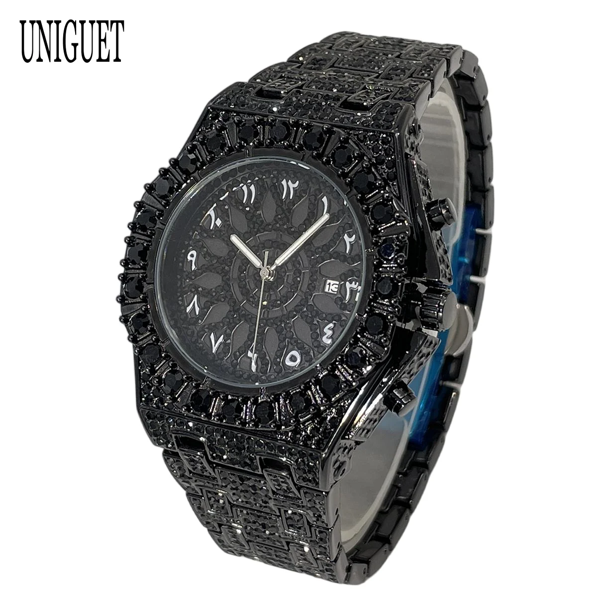 Мужские часы UNIGUET Cool Black Diamond: роскошные, в стиле хип-хоп, полностью инкрустированные стразами, с датой, Reloj Hombre 2026, горячая распродажа