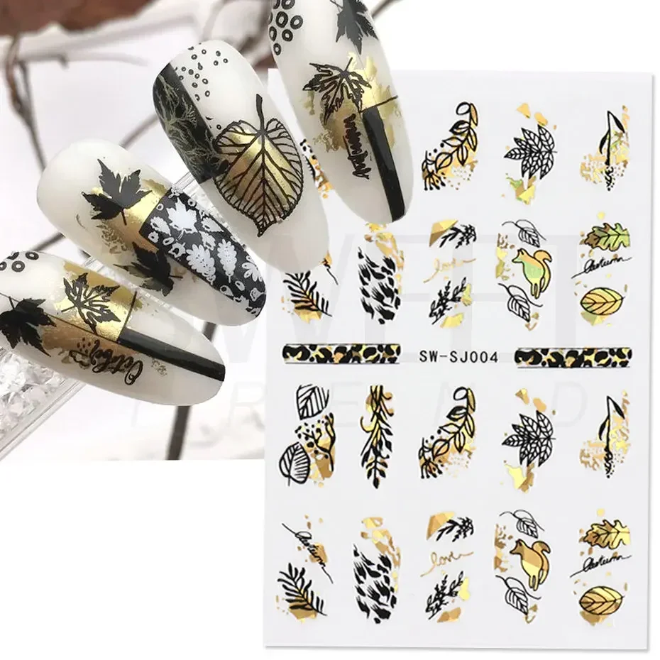 3D Laser Black Gold Snake Nail Sticker Leaf Abstract Face Graffiti Tattoo Manicure Decoration Self Adhesive Nail Sliders BESW-SJ