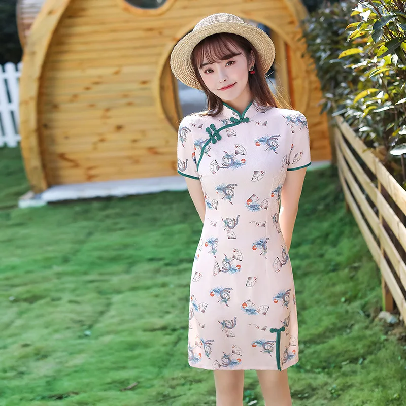 

Chinese Women Social Etiquette Dress Short Sleeve Cartoon Print Qipao Chinese Traditional Performance Female Cheongsam