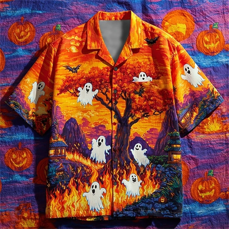 

2025 Men's Halloween Shirt with Ghost Print Buttons Retro Halloween Party Costume Daily Shirt Men's Casual Short-sleeved Top