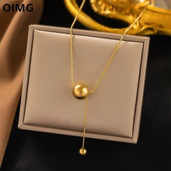 OIMG 316L Stainless Steel Gold Plated Simple Large Ball Tassel Pendant Necklace for Women Snake Chain Jewelry Waterproof