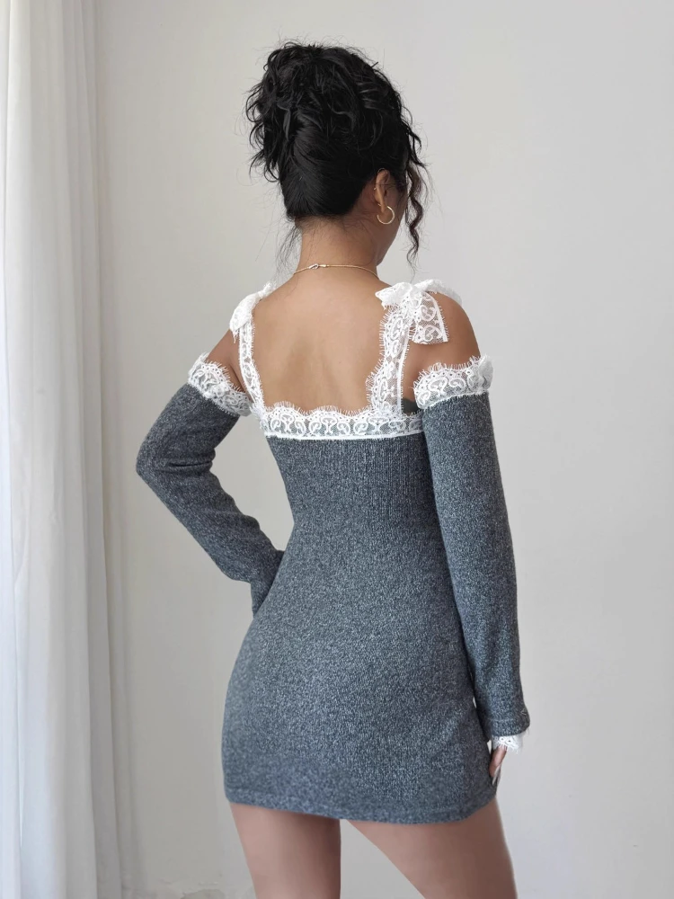 Robe pull en tricot pour début d'automne, garniture en dentelle, épaules dénudées, motif Floral 3D, bretelles Slvs détachables, Mini robe grise, douce et fraîche, 2025