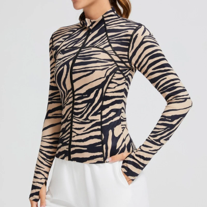 Sports jacket women zebra pattern slim long sleeve camouflage thin velvet running jacket hiking fitness cycling yoga sportswear
