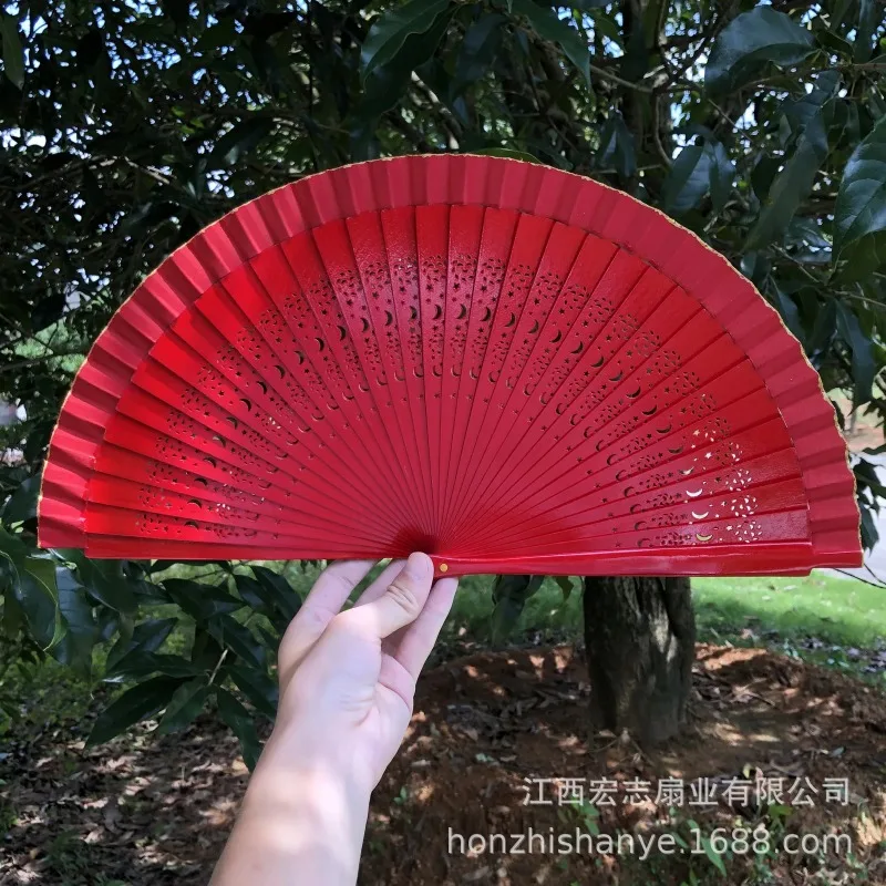Red Hollow Moon Star Double-sided Wooden Bones Elegant Hand Folding Stage Fan Japanese Geisha Dance Props Palace Performance Fan