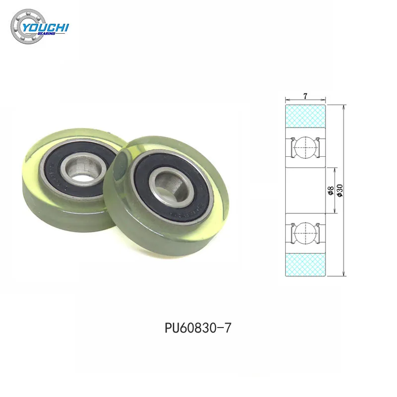 5pcs OD 30mm 8x30x7mm Poly Urethane Coated  Roller With 608RS Bearing 8*30*7 PU60830-7 PU Covered Showcase Sliding Door Pulley