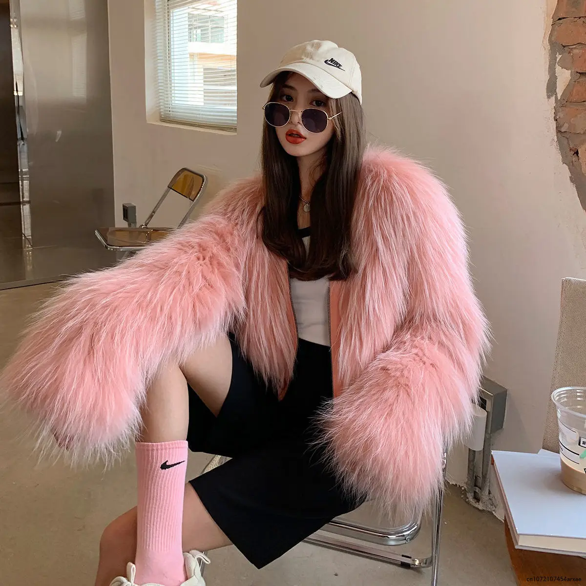 Women Autumn Winter Imitation Fox Fur Fur Fluffy Coat High Waist V-Neck Furry Bomber Jacket Zipper Cardigan Flocking Streetwear