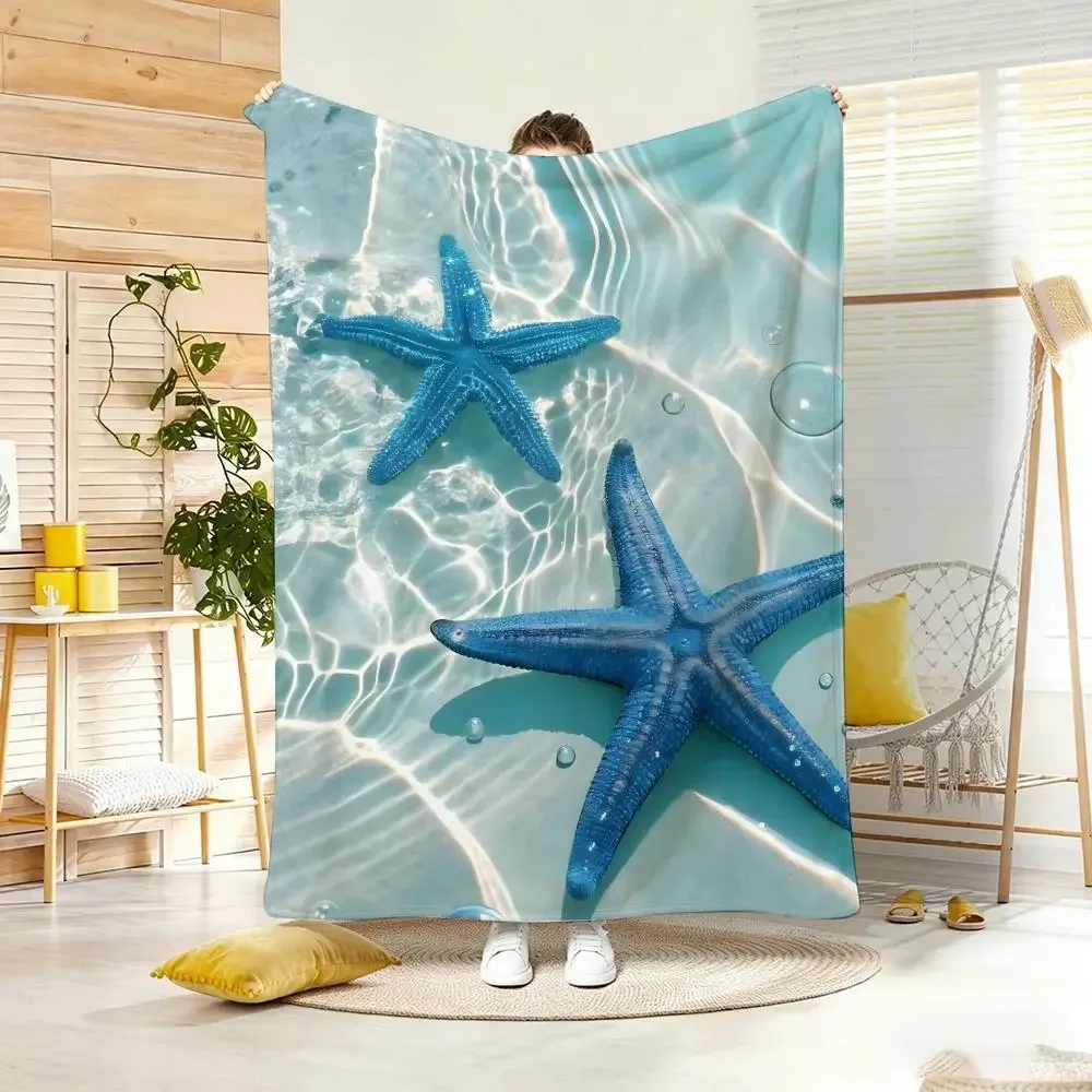 Clear Turquoise Underwater Starfish Print Flannel Blanket, Transparent Water Ripple Bubble Blue Starfish Soft Fleece Throw Blank