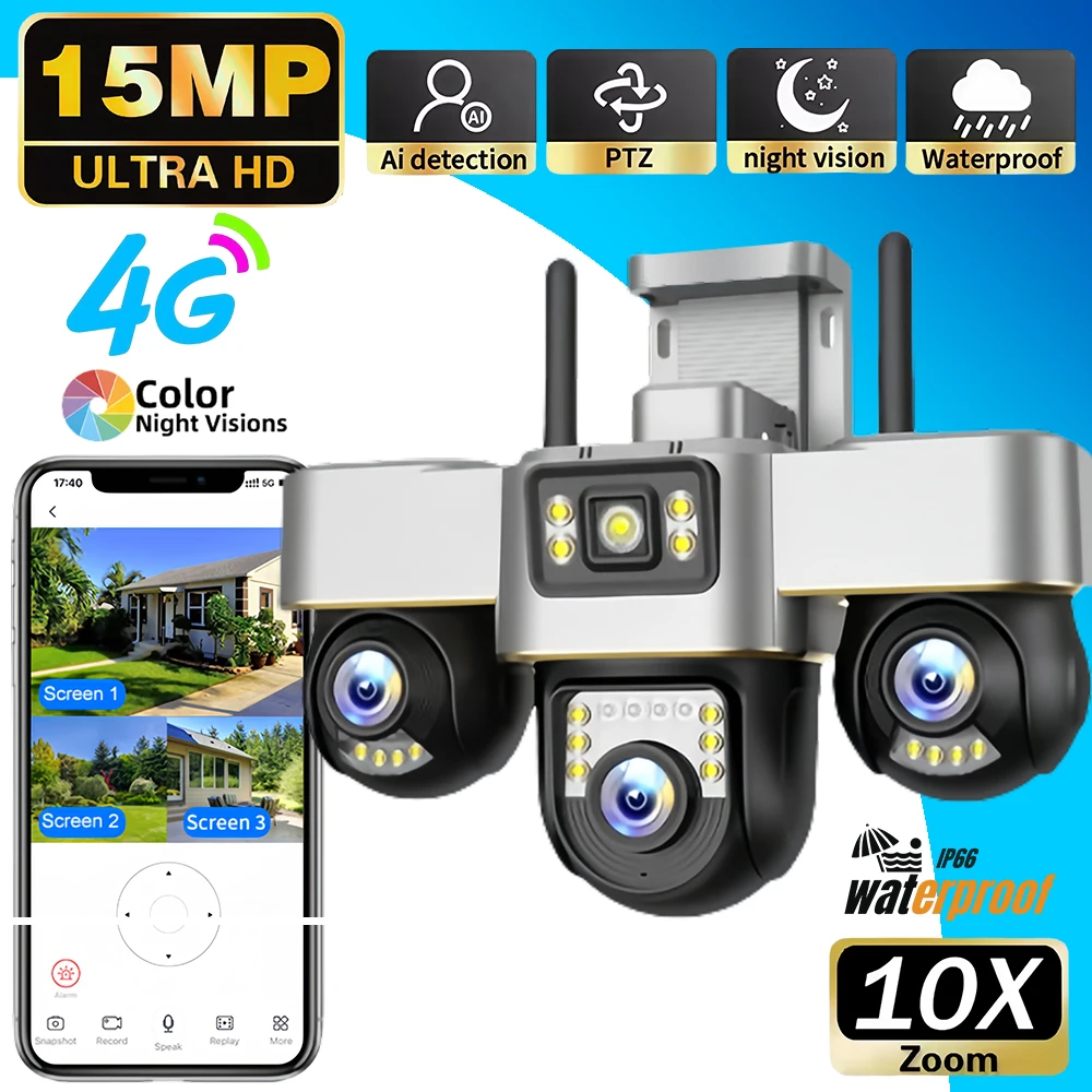 V380 PRO Three PTZ Lens 4G IP Camera HD 15MP Outdoor Waterproof CCTV Night Vision Two-Way Audio PIR Human Detection Camera  CCTV