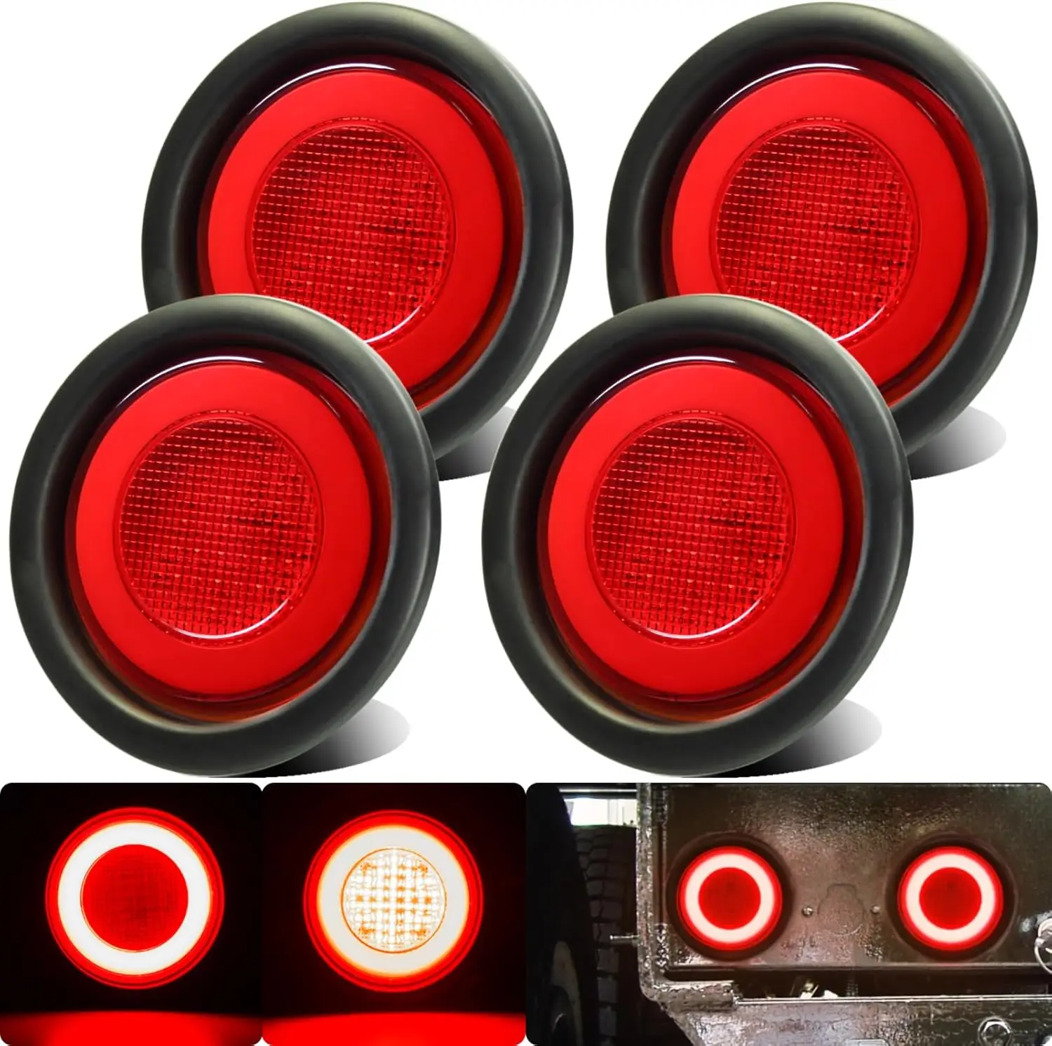 

4' Round Halo Red LED Trailer Lights 64pcs, Waterproof IP67, DC 12V, with Rubber Grommet, Recessed Mount for Van/UTV/RV