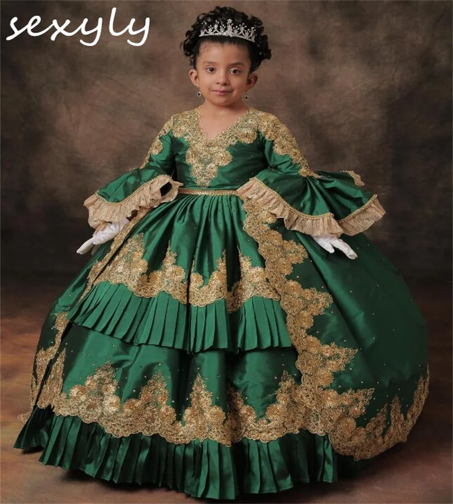 Victorian Baroque Flower Girls Dress Green Retro Costume Era Halloween Kid Pageant Dress Medieval Renaissance Girls Customized