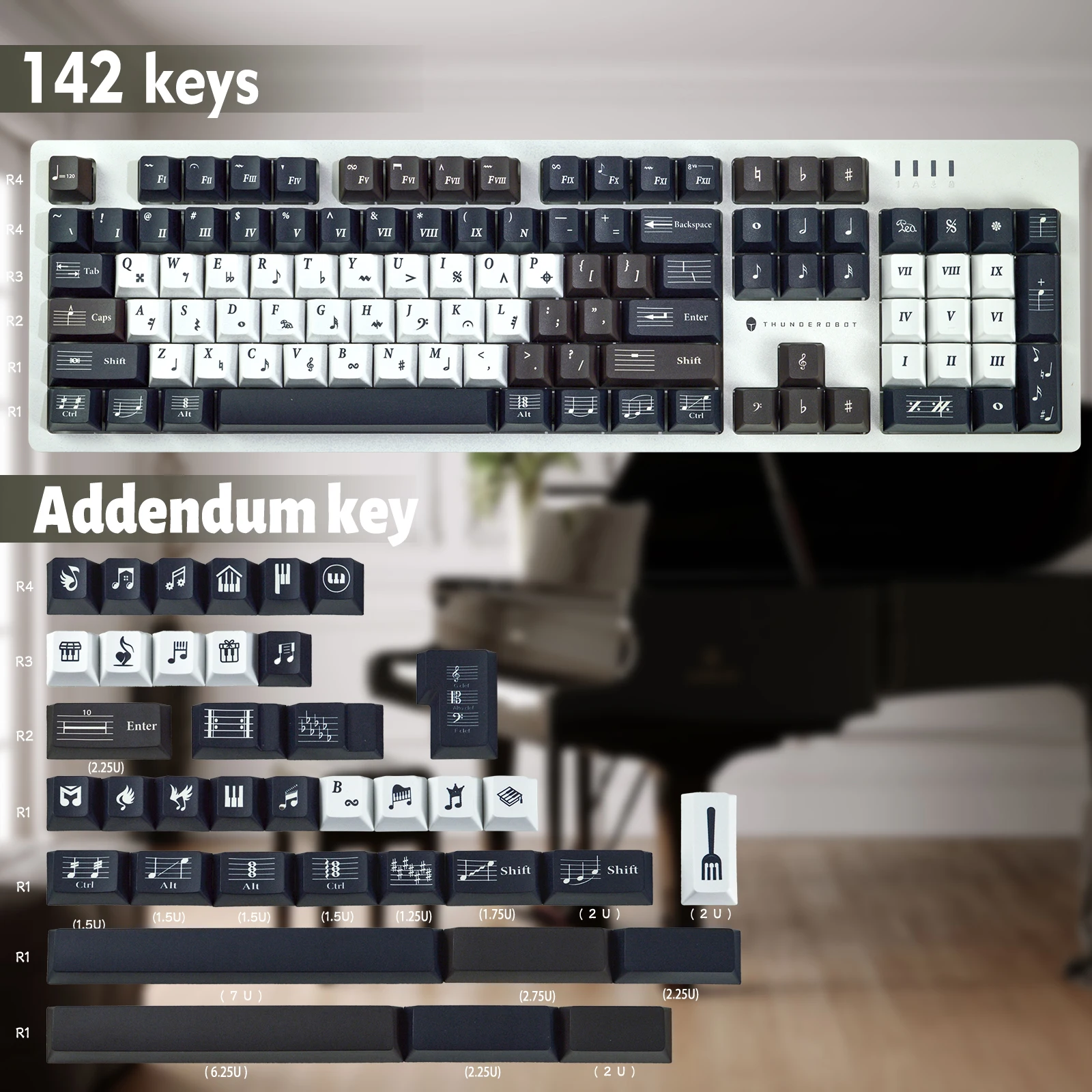 

Mechanical Gamer Keyboard Keycaps Piano Stave Pattern PBT 142pcs English Key Cap Set Fit MX Switches 60%70%80%100% PC Keyboard