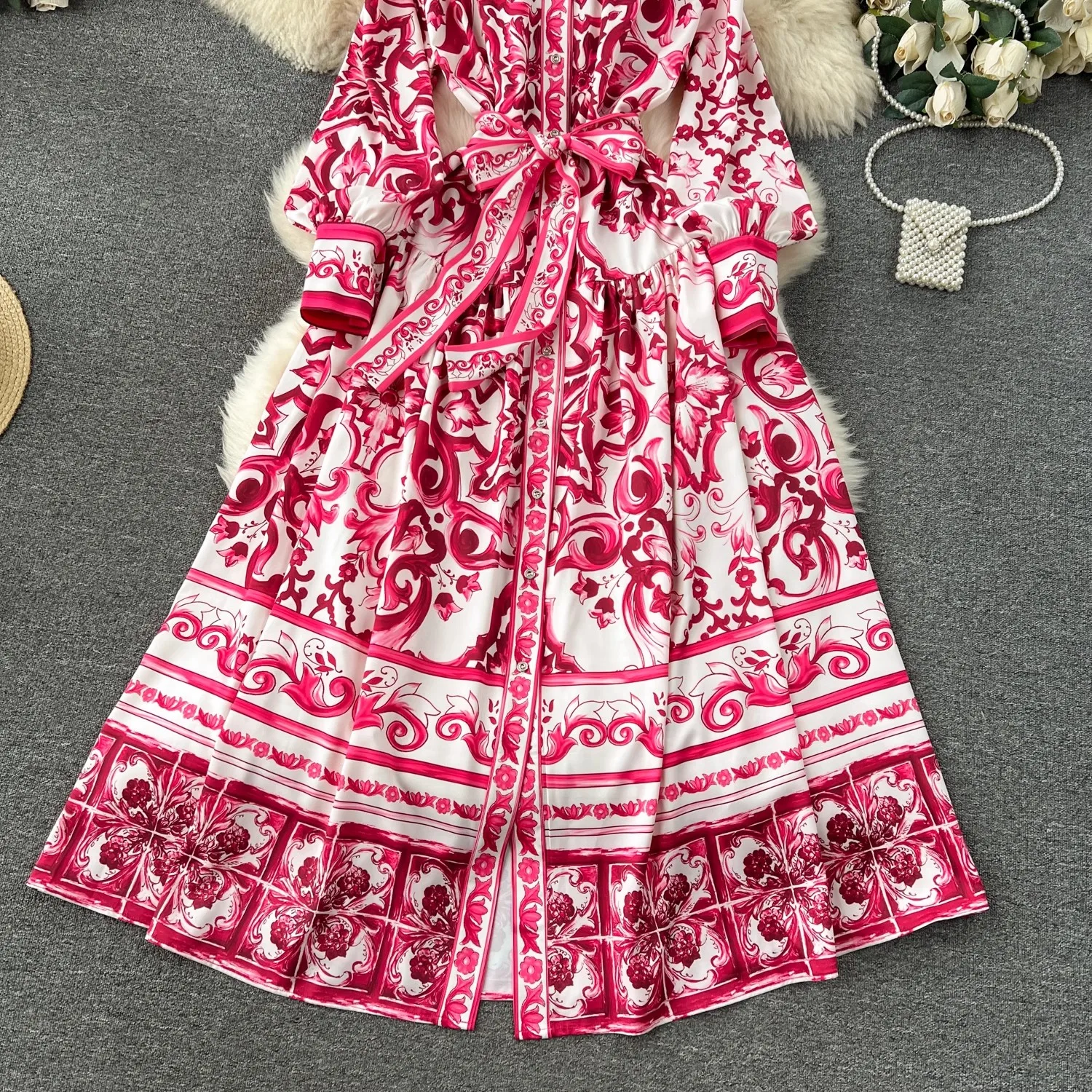 2024 Fashion Runway Spring Red Blue And White Porcelain Print Long Dress Women Single Breasted Lantern Sleeve Belt Holiday Robe