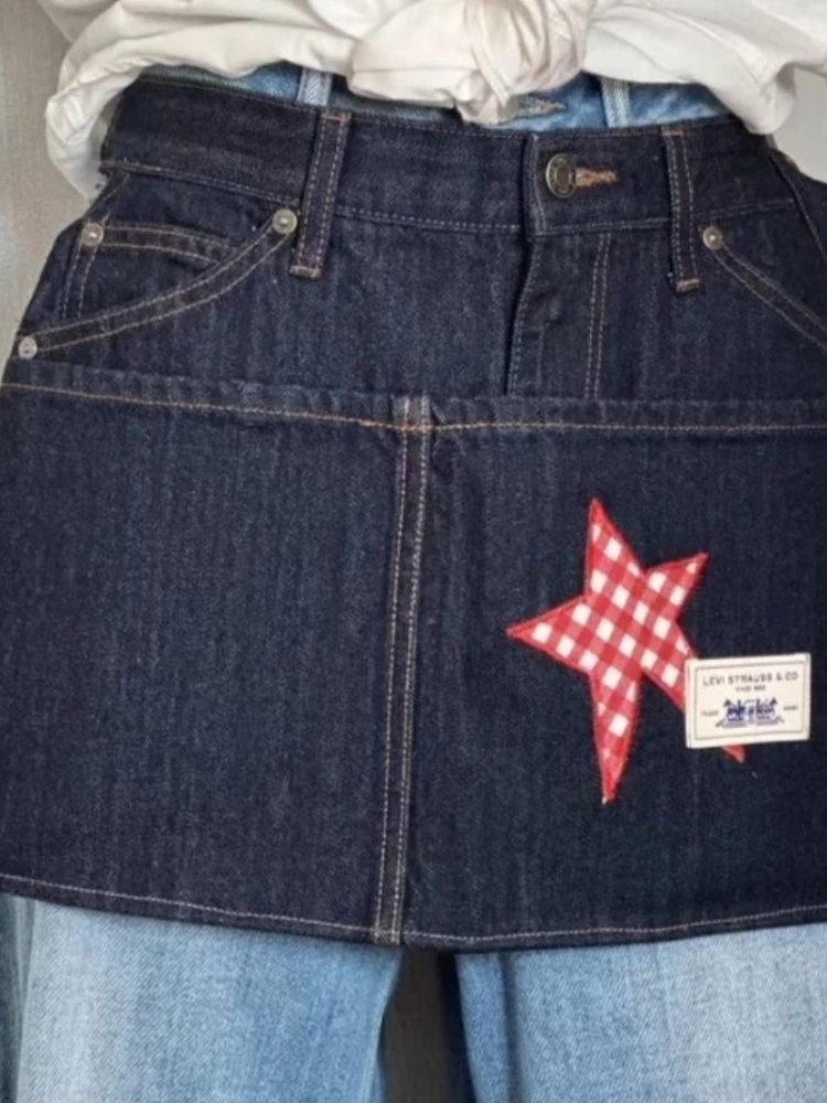 حزام نسائي من قماش الدنيم المغسول بتصميم عتيق - تنورة مريلة مكونة من 5 جيوب مع زينة على شكل نجمة متباينة |   Y2K ملابس الشارع والطبقات الأساسية