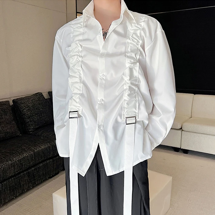 

Белая мужская рубашка свободного кроя с длинным рукавом, подвернутым подолом, универсальная, молодежная, трендовая, весенняя коллекция...