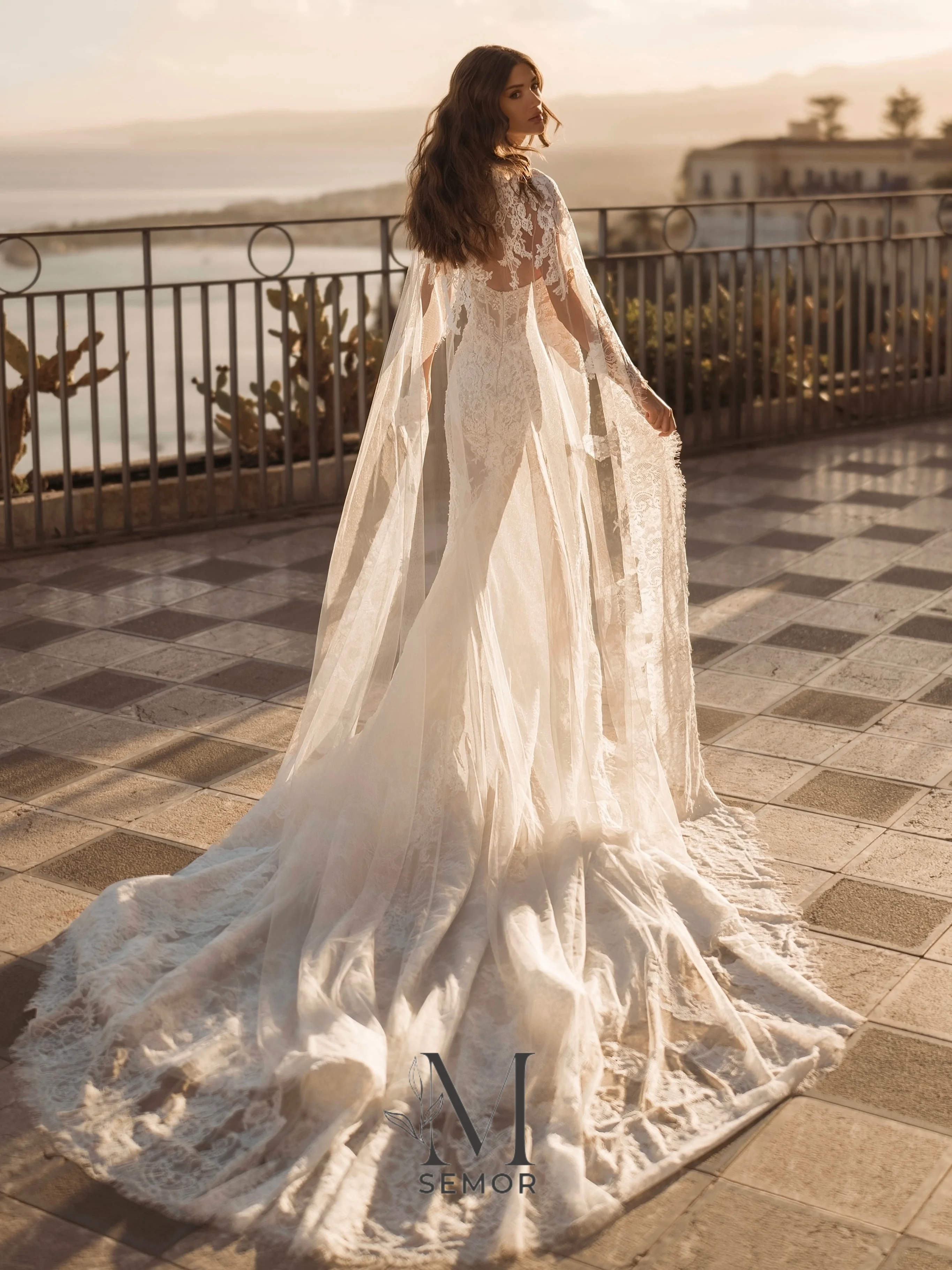 Semor High Neck Lace Mermaid Wedding Dress Long Cape Sleeves Corset Vestidos De Na Luxury Palace Style Bridal Dress Customized