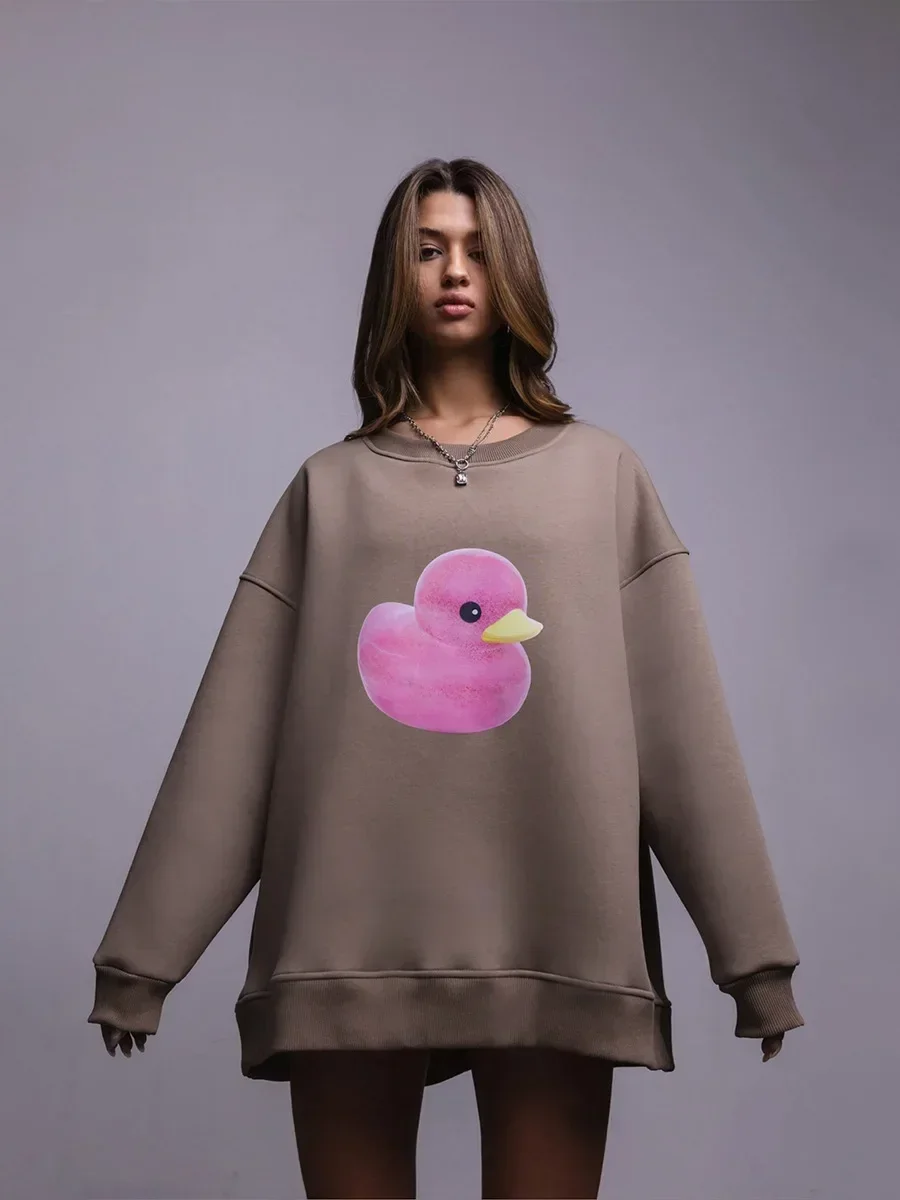 Sumuyoo Yellow Duck Print Sweatshirt Loose Round Neck Oversized Comfortable Women\'s Trendy Casual Autumn Winter Warm Hoodies