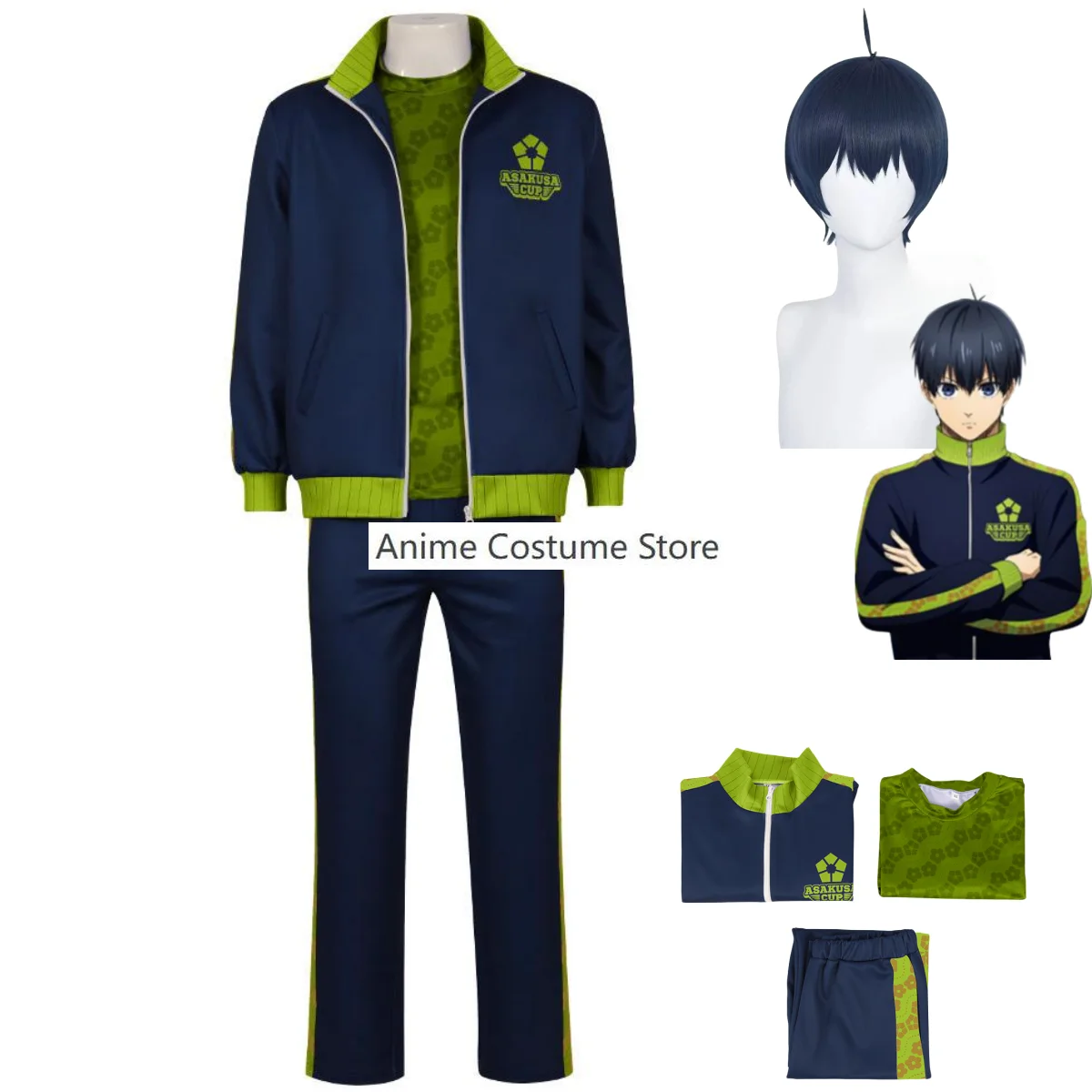 BLUE LOCK Anime Cosplay Costume pour Homme, Isagi Yopiercplay, Perruque Bleu Foncé, Campus Sportedly, Manteau pour Adulte, Carnaval Trempé, 03 Loisirs