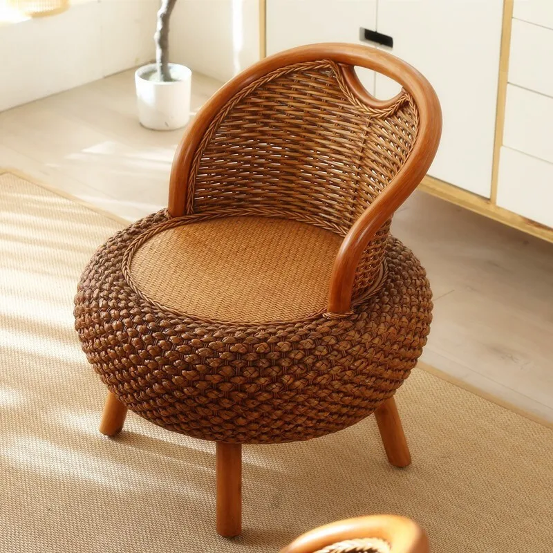Rattan Chair Balcony Seat Backrest Home Round Stool Low Stool Rattan Chair Pastoral Weaving Small Chair