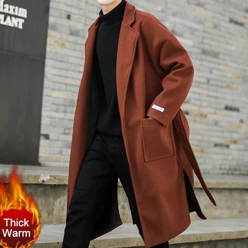 Fashion Winter Thicken Jacket Men Classic Fashion Trench Coats Black Caramel Men Belt Long Trench Slim Fit Overcoat Men Coats