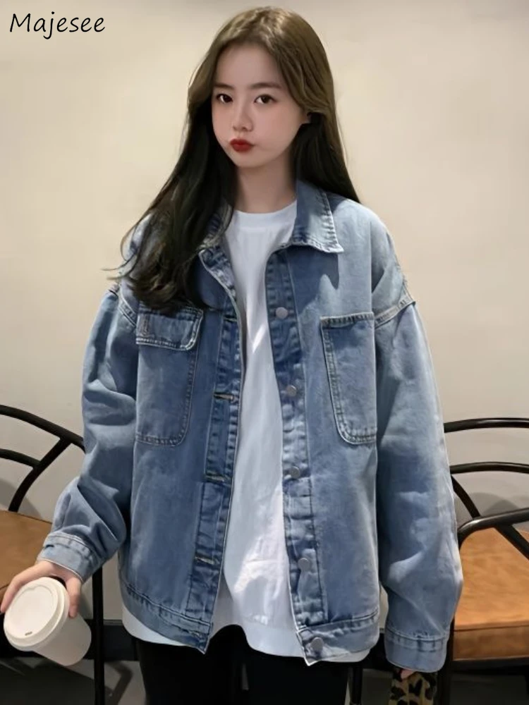 

Denim Jackets Women Long Sleeve Blue Loose Retro Fashion Spring Autumn All-match Korean Style College Leisure New Girls Daily