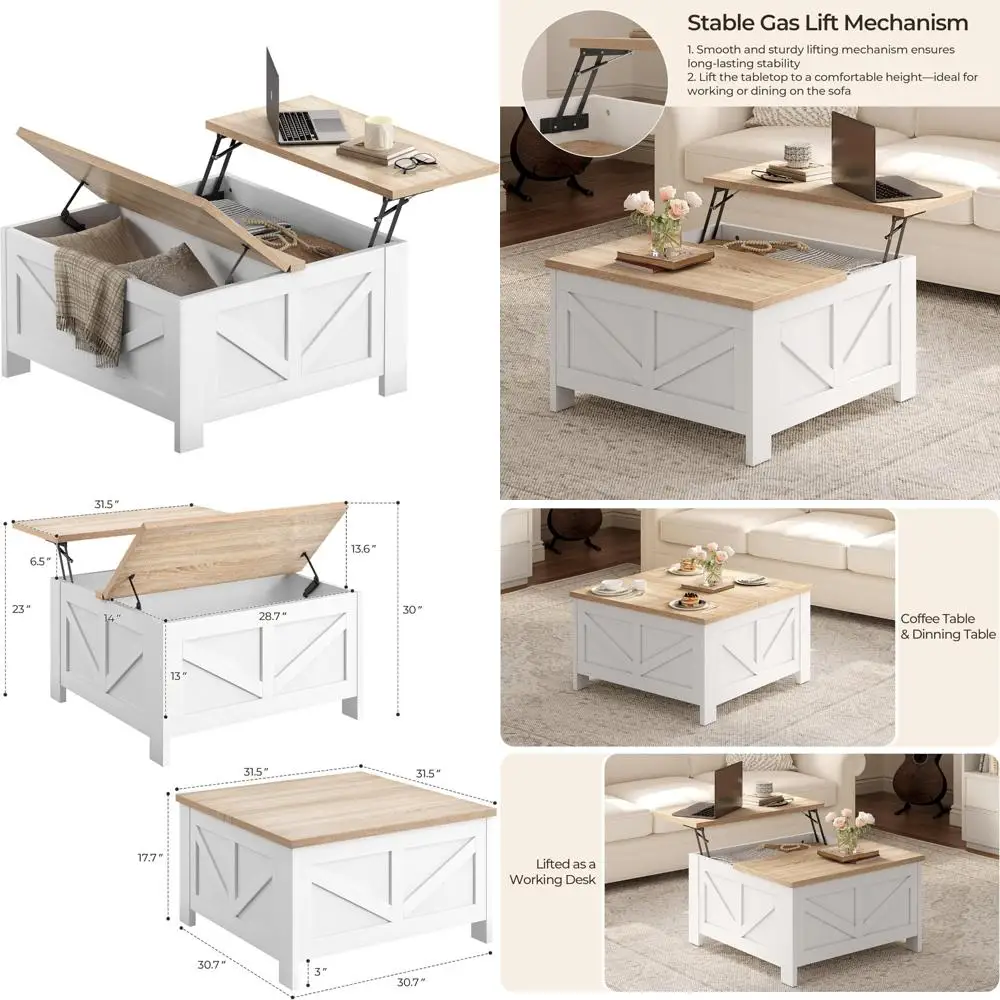 

Farmhouse Style Lift Top Coffee Table with Storage, Square Living Room Center Table, 31.5 Inches Large Storage Coffee Table