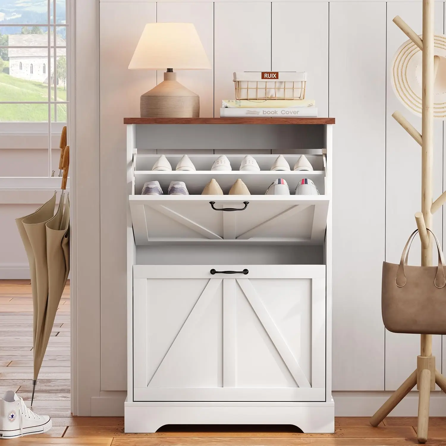 Bauernhaus-Schuhschrank mit 2 Schubladen, rustikaler, schmaler Eingangsbereich-Organizer, weißer Scheunentür-Stil