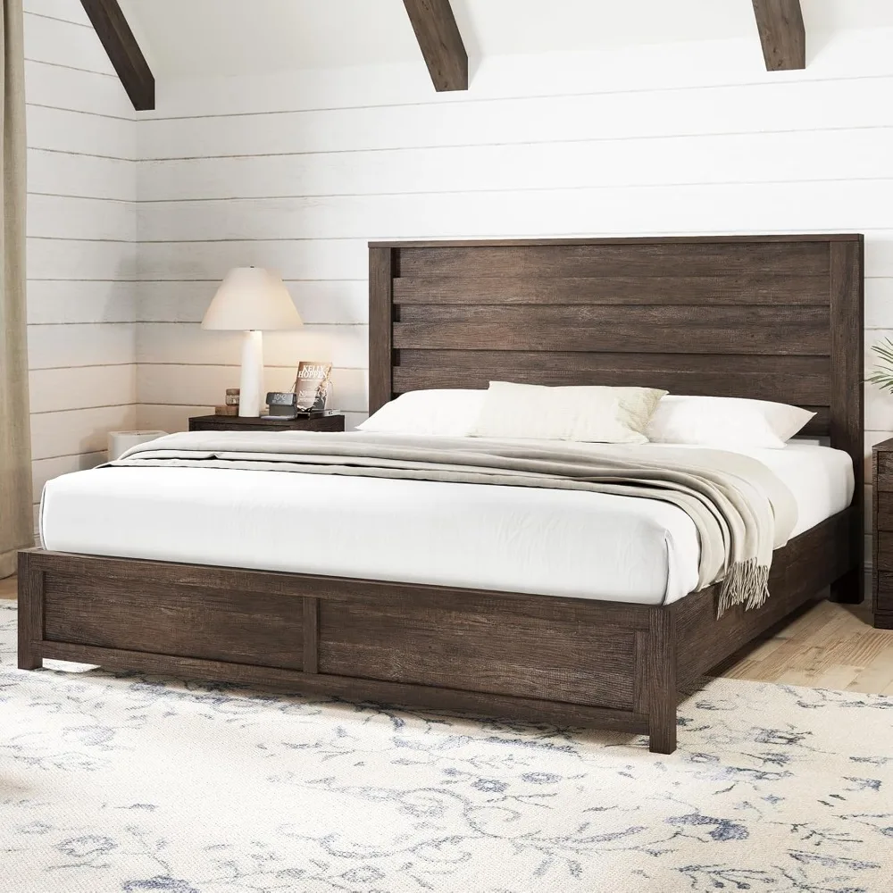 

Extra large bed frame with 49 inch grooved headboard, natural textured wooden platform bed, no need for springs/no noise