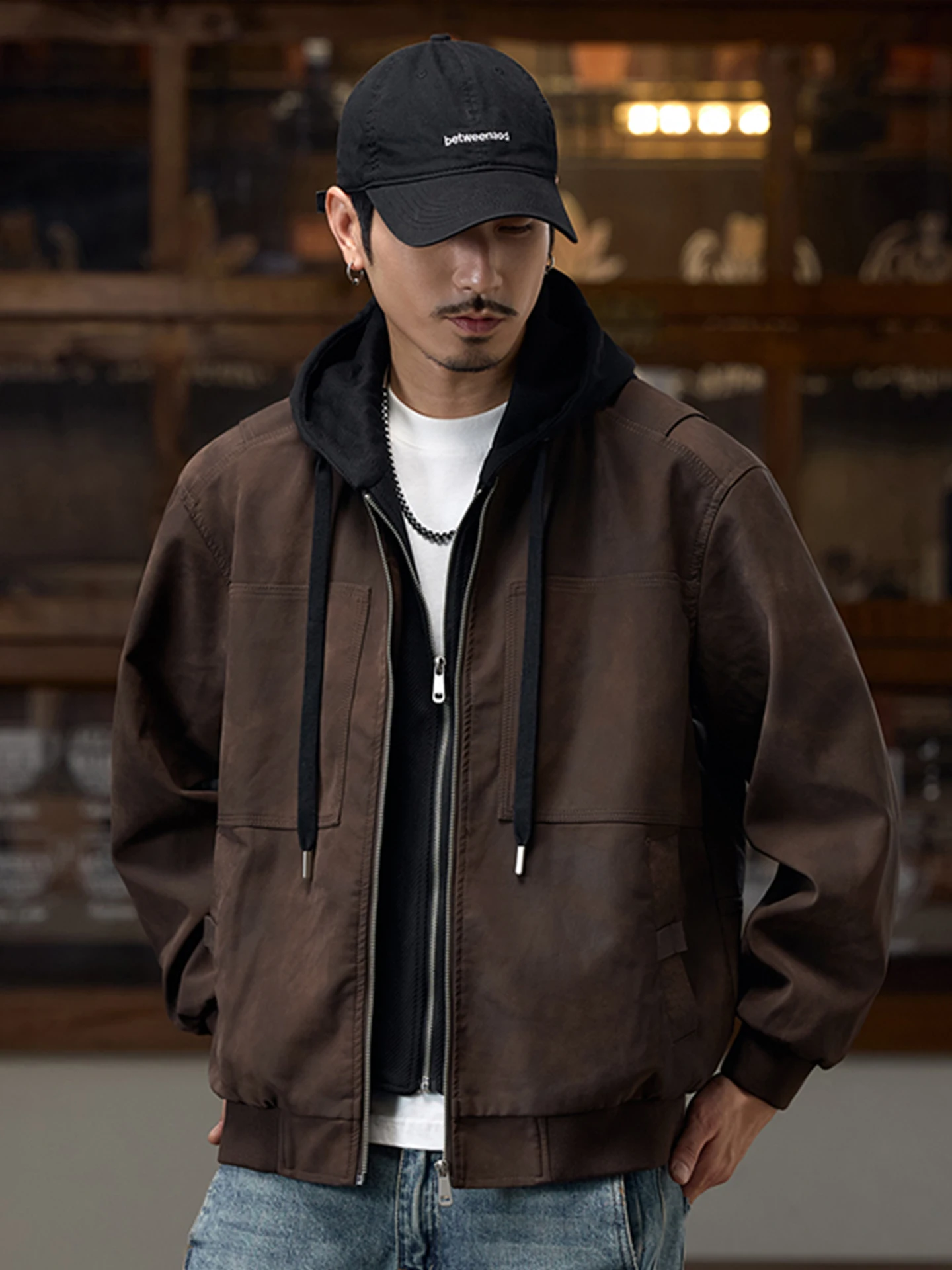 American Retro PU Leather Jaet Men's Hooded Coat Sli Casual High Glossin Autumn Winter New Arrival Fake Two-Piece Ja...