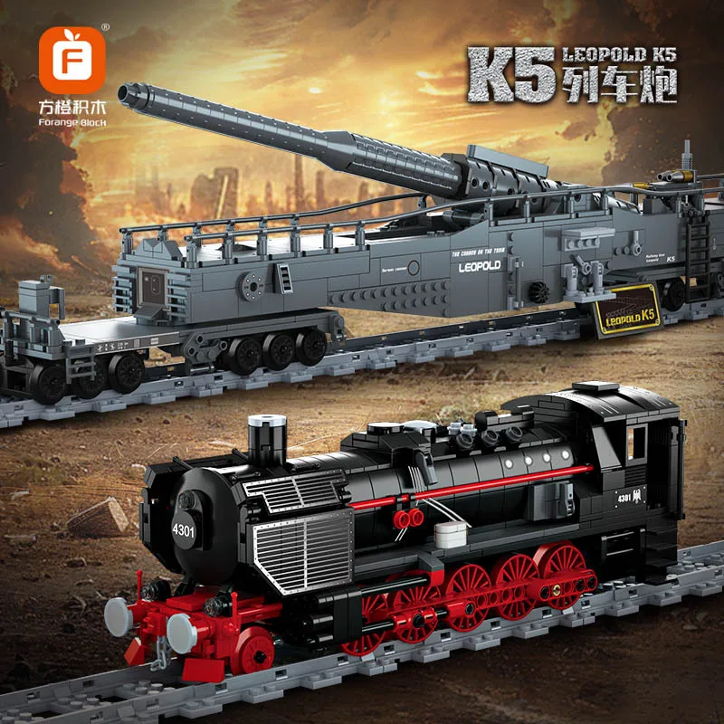 Técnico Vintage Trem Blocos de Construção para Meninos, DIY Brinquedos Tijolos, Modelo Clássico Militar, K5 (e) Artilharia Ferroviária, Presentes Crianças, 1631Pcs