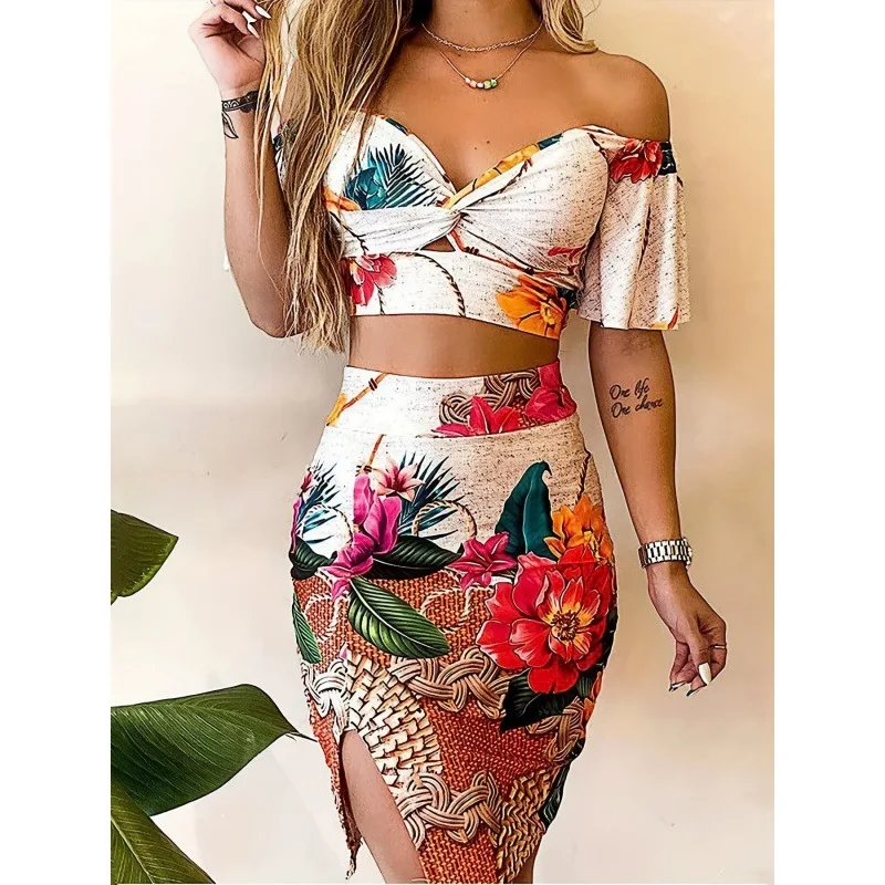 

2025 Sexy Slim Fit Off Shoulder Top Printed Sexy Slit Hip Hugging Skirt Two-piece Set