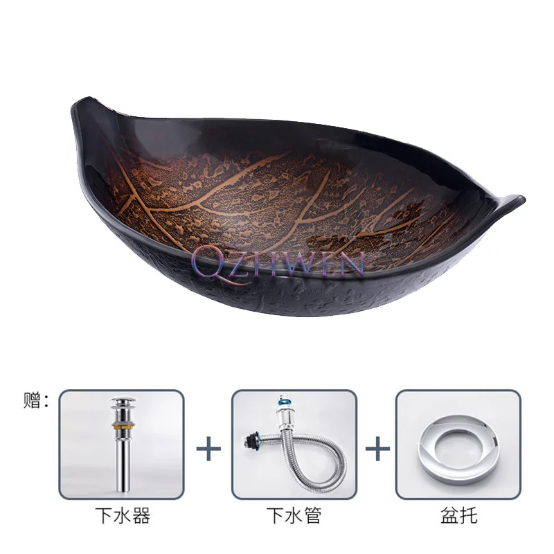 BW09-178 البني بالوعة الحمام ورقة شكل الزجاج مغسلة فندق الرجعية الديكور كونترتوب الفن حوض المنزل خزانة حمام بالوعة #2