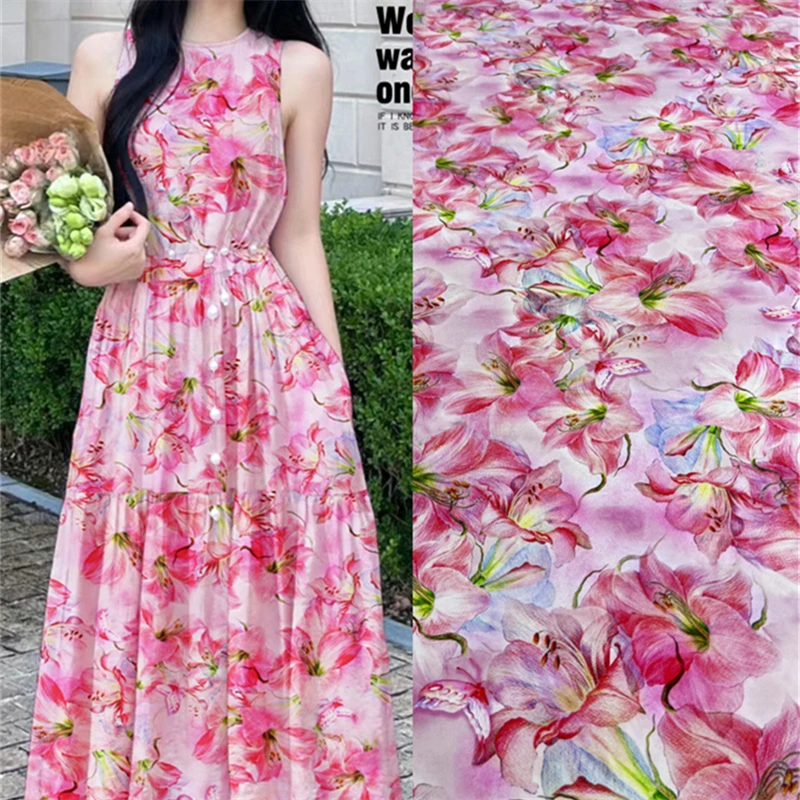 24 Summer Fashion New Pink Lily Silk Crepe Fabric High End Handmade DIY Brand Clothing Natural Mulberry Silk Fabric By The Meter