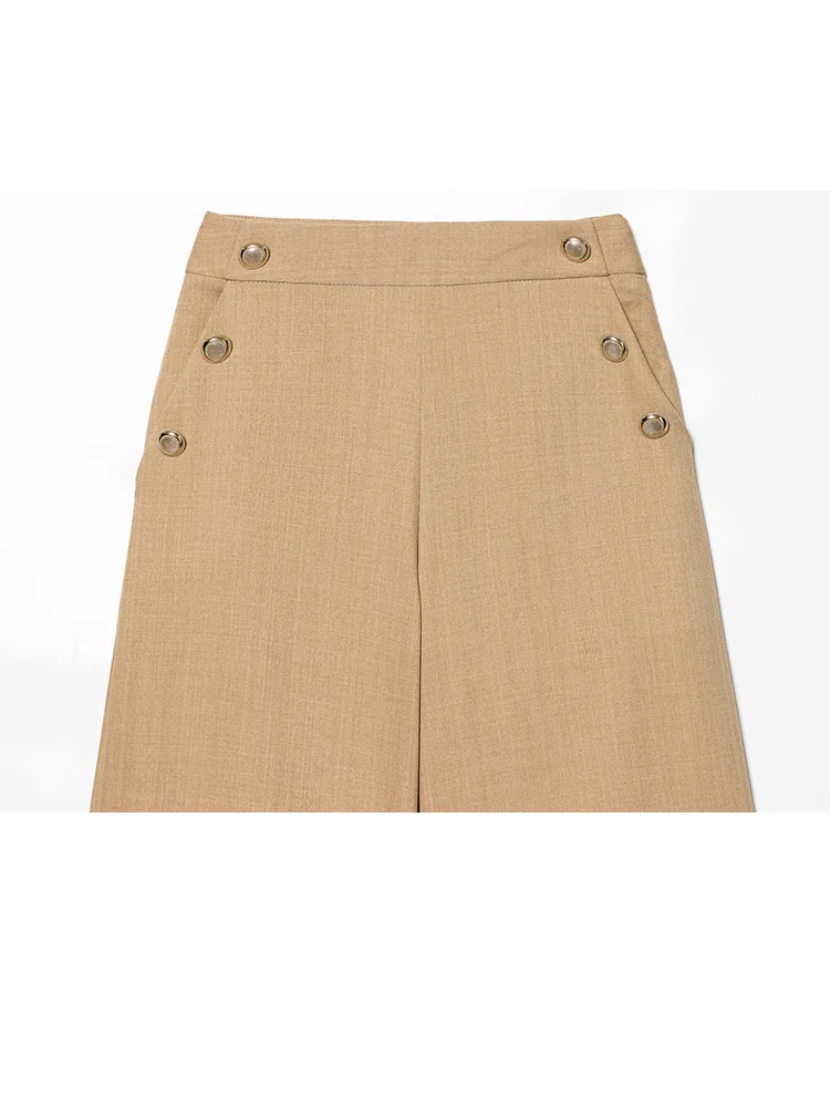 Hh moda feminina série bolsos com zíper botão decoração calças femininas cintura alta rua sólida outono 2 cores calças de perna larga