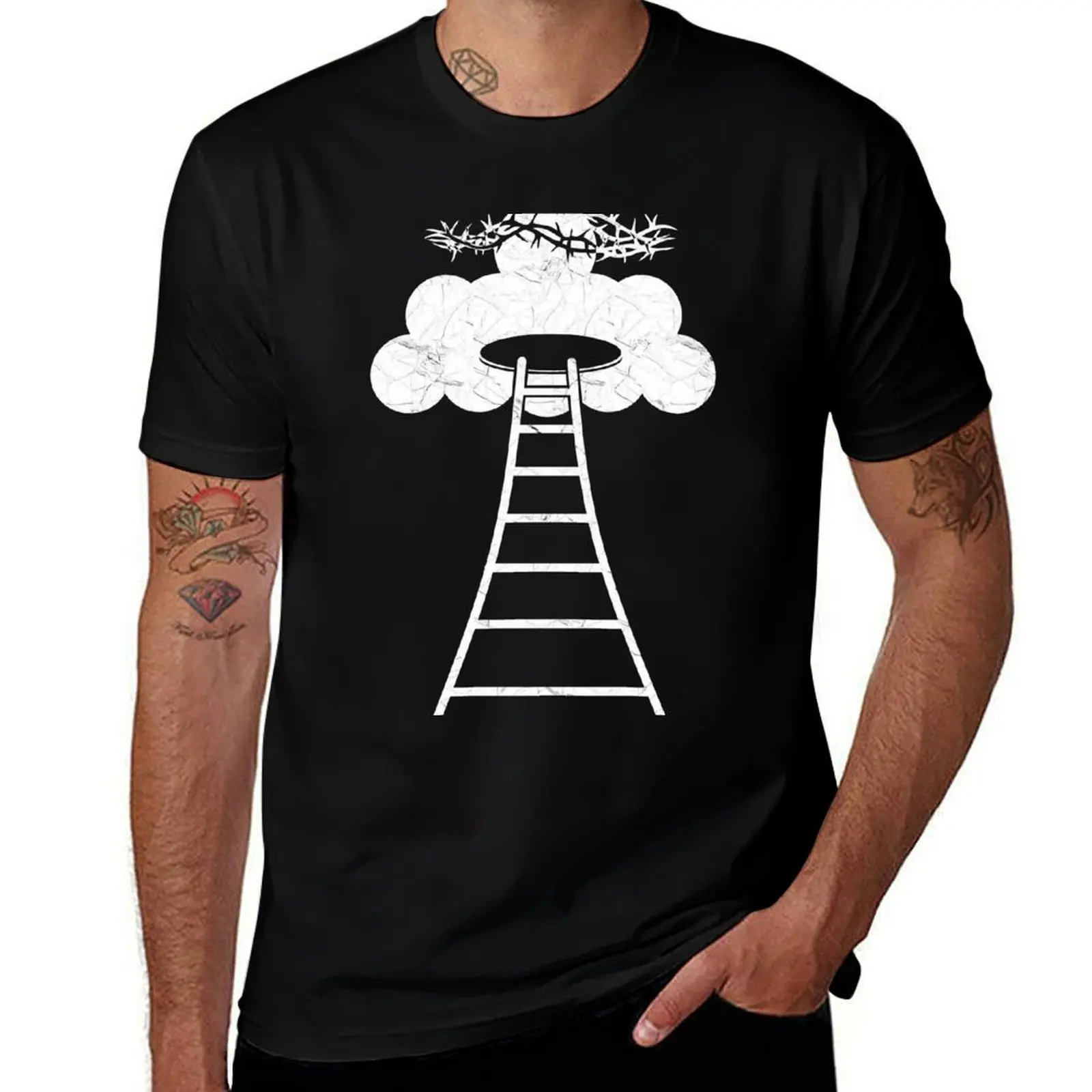 

Jesus Christ Ascension to Heaven – Simple Ladder to Heaven (Cloud) Concept Minimal Abstract Design White color for darke T-Shirt